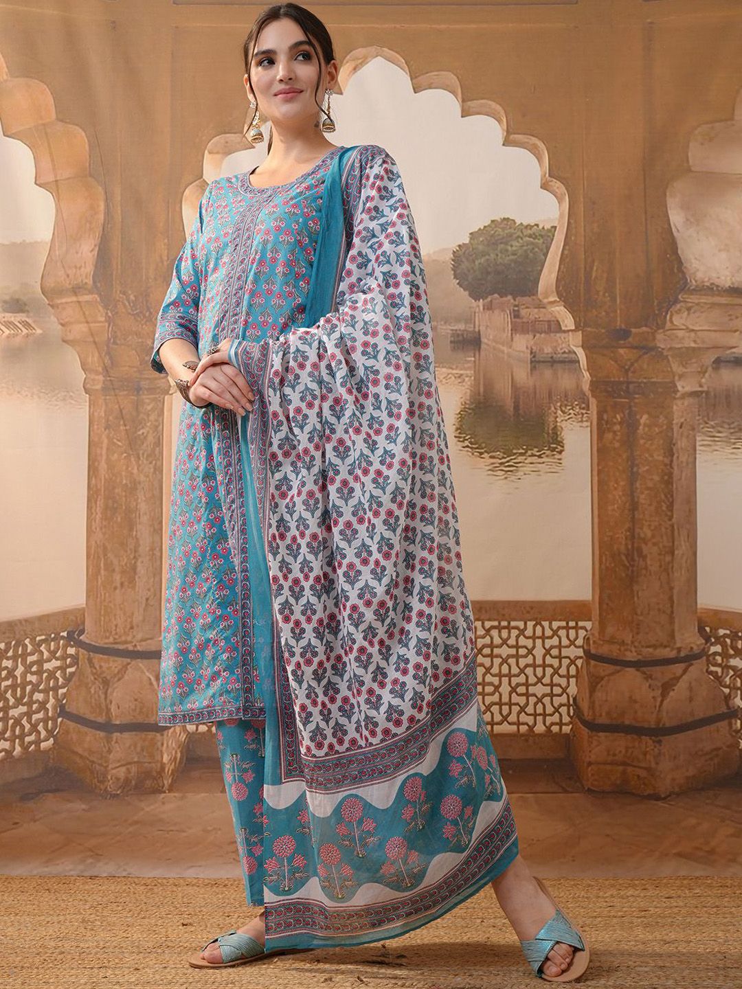 Vishudh Floral Printed Round Neck Three-Quarter Sleeves Pure Cotton Kurta Set