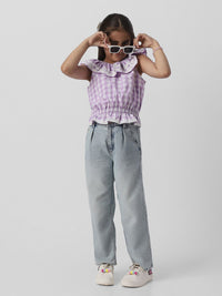Nauti Nati Girls Checked Peter Pan Collar Cotton Cinched Waist Top