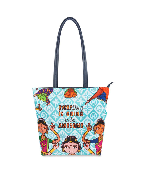 TEAL BY CHUMBAK Turquoise Blue Printed Tote Bag