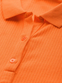 DressBerry Women Orange Ribbed Shirt Style Top