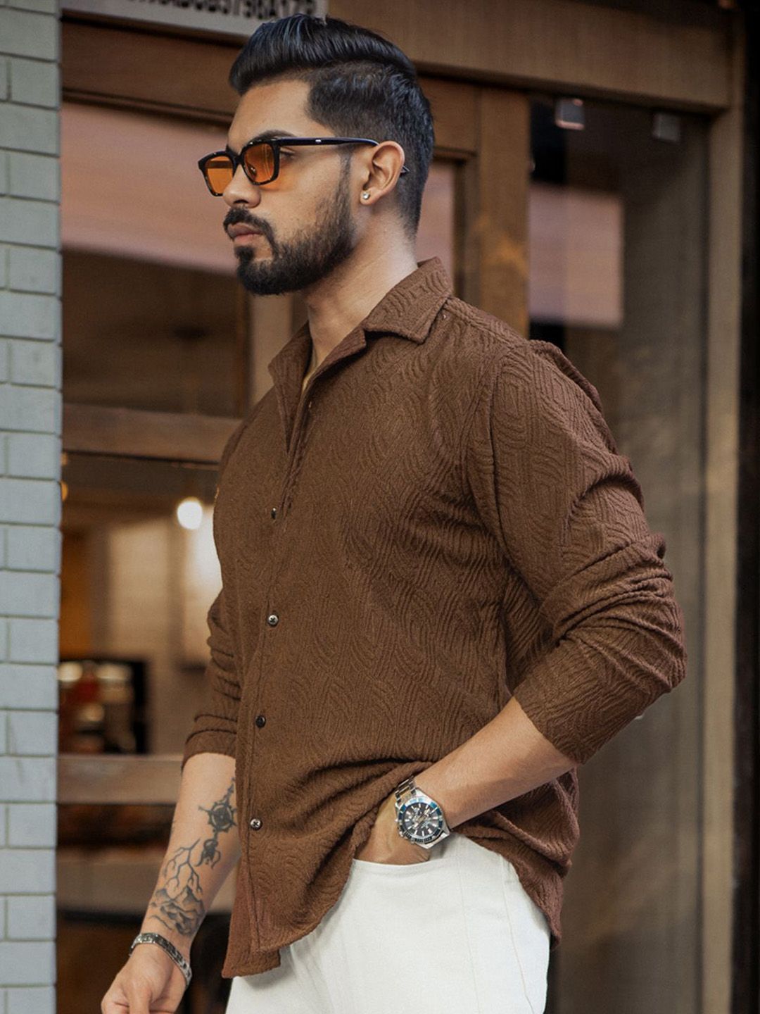 Powerlook Men Spread Collar Textured Relaxed Fit Casual Shirt