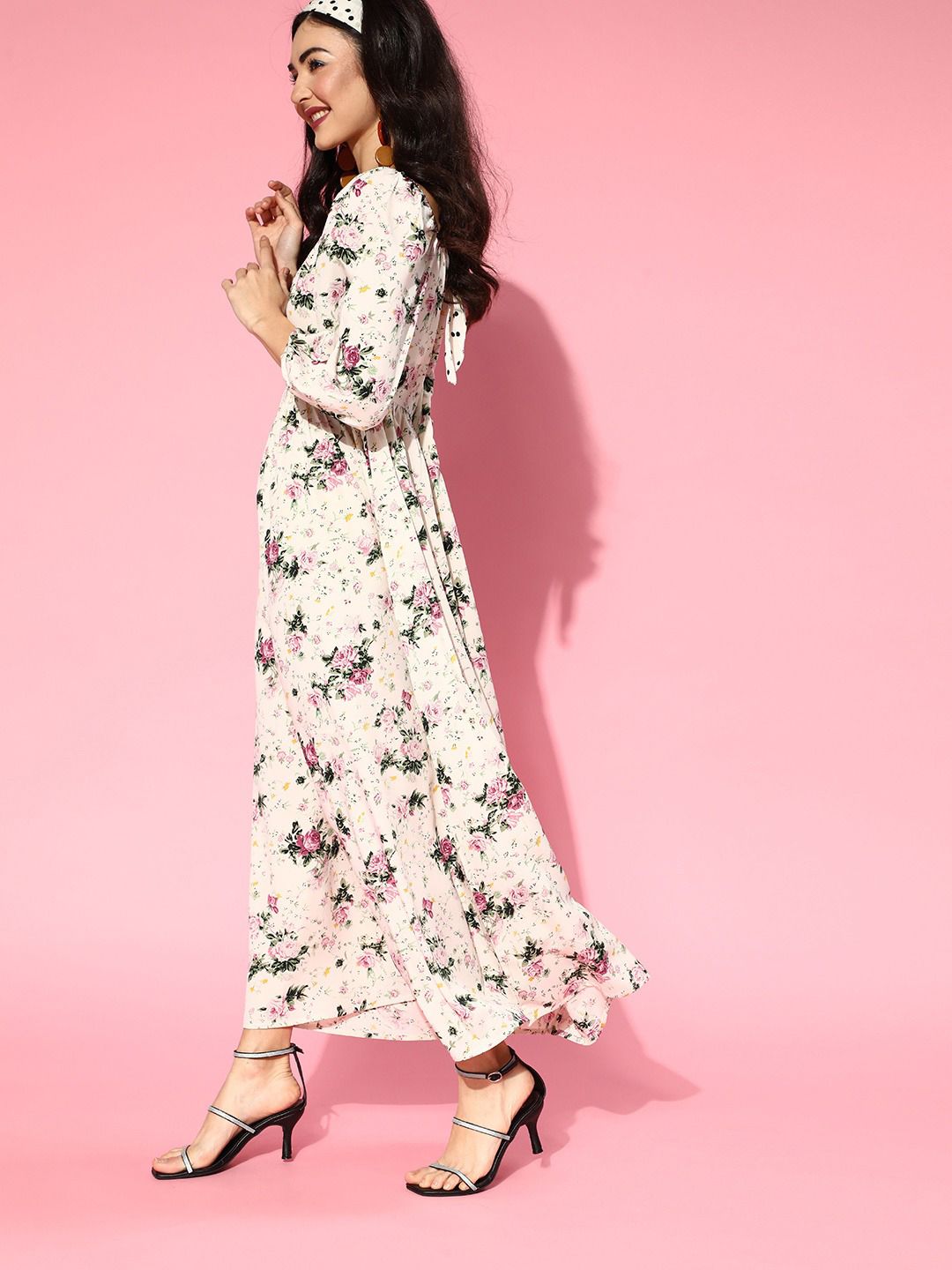 Berrylush Beige & Pink Floral Maxi Dress