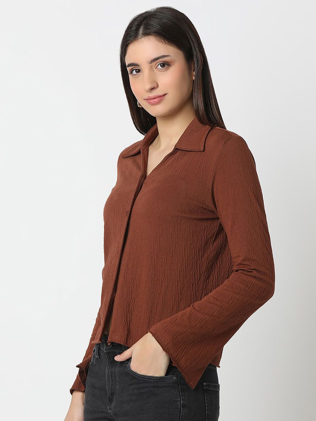 SPYKAR Women Slim Fit Spread Collar Textured Casual Shirt