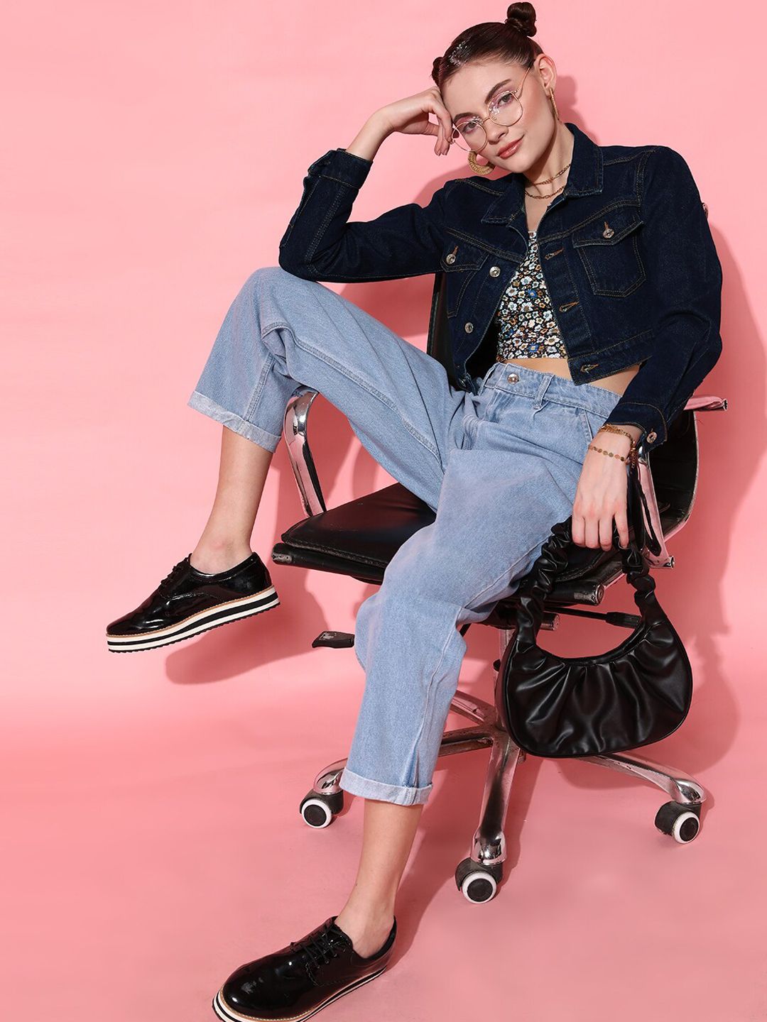 STREET 9 Women Blue Solid Crop Denim Jacket