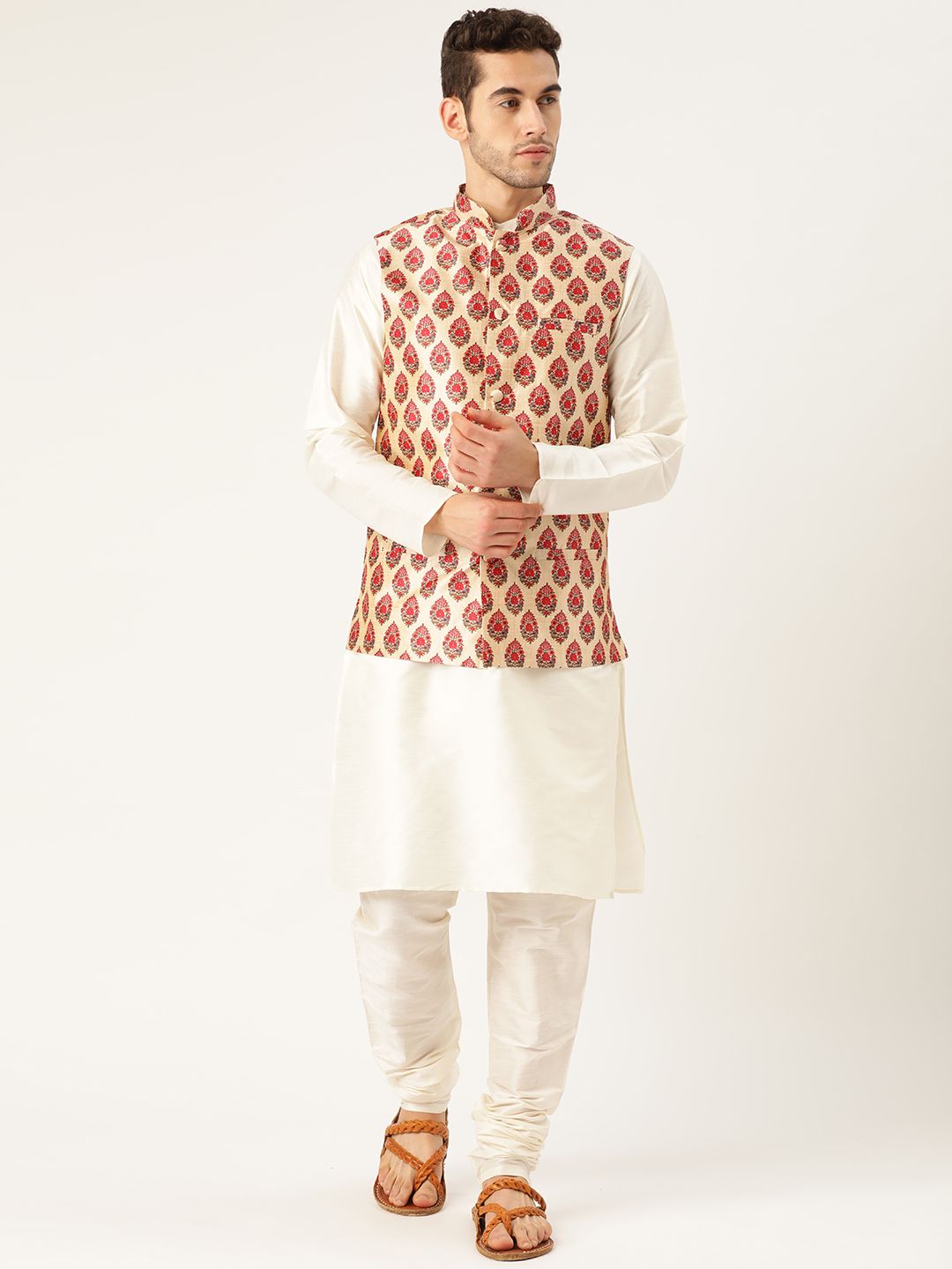 SOJANYA Men Off-White & Red Solid Kurta Set with Nehru Jacket