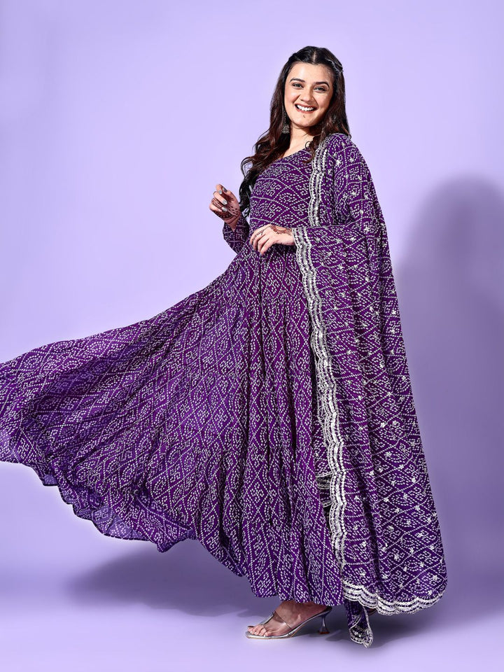 KALINI Bandhani Printed Round Neck Tiered Anarkali Kurta with Pyjama & Dupatta