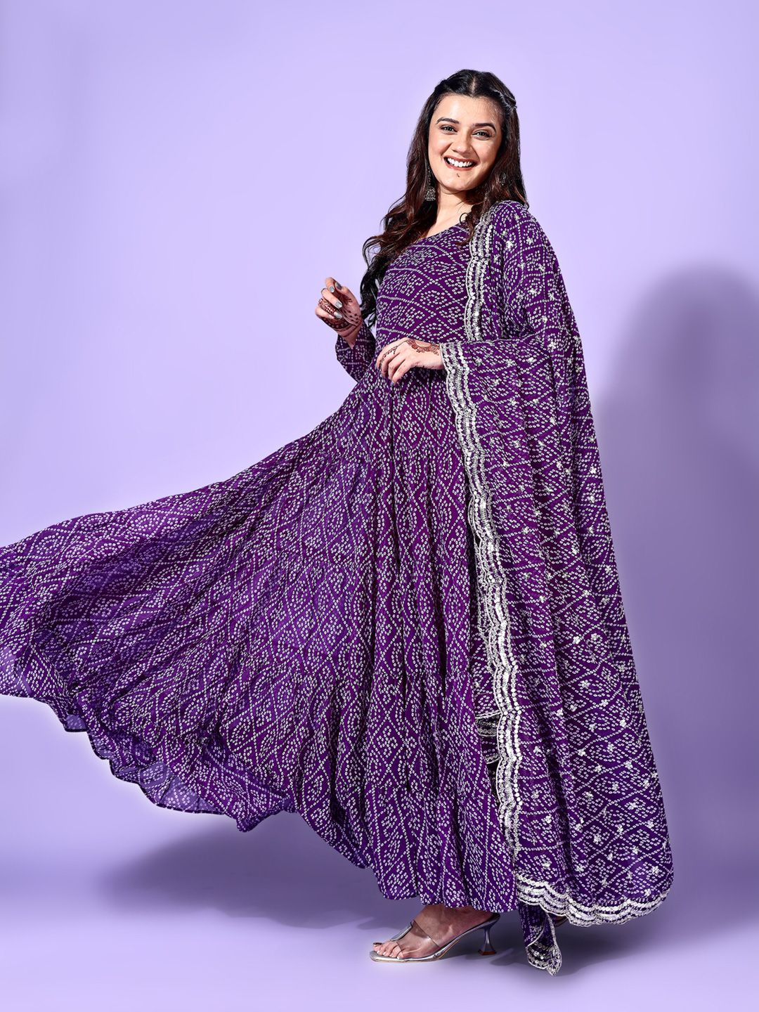 KALINI Bandhani Printed Round Neck Tiered Anarkali Kurta with Pyjama & Dupatta