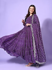 KALINI Bandhani Printed Round Neck Tiered Anarkali Kurta with Pyjama & Dupatta