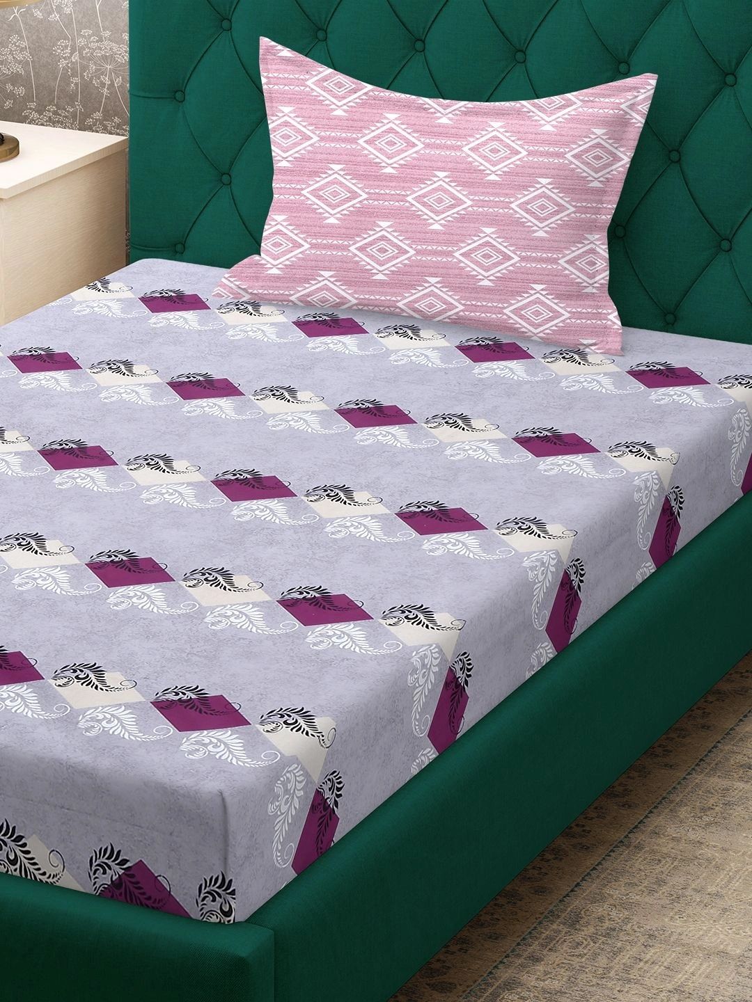 Myntra Elegant Homes Purple Geometric 400 TC Single Bedsheet with 1 Pillow Covers