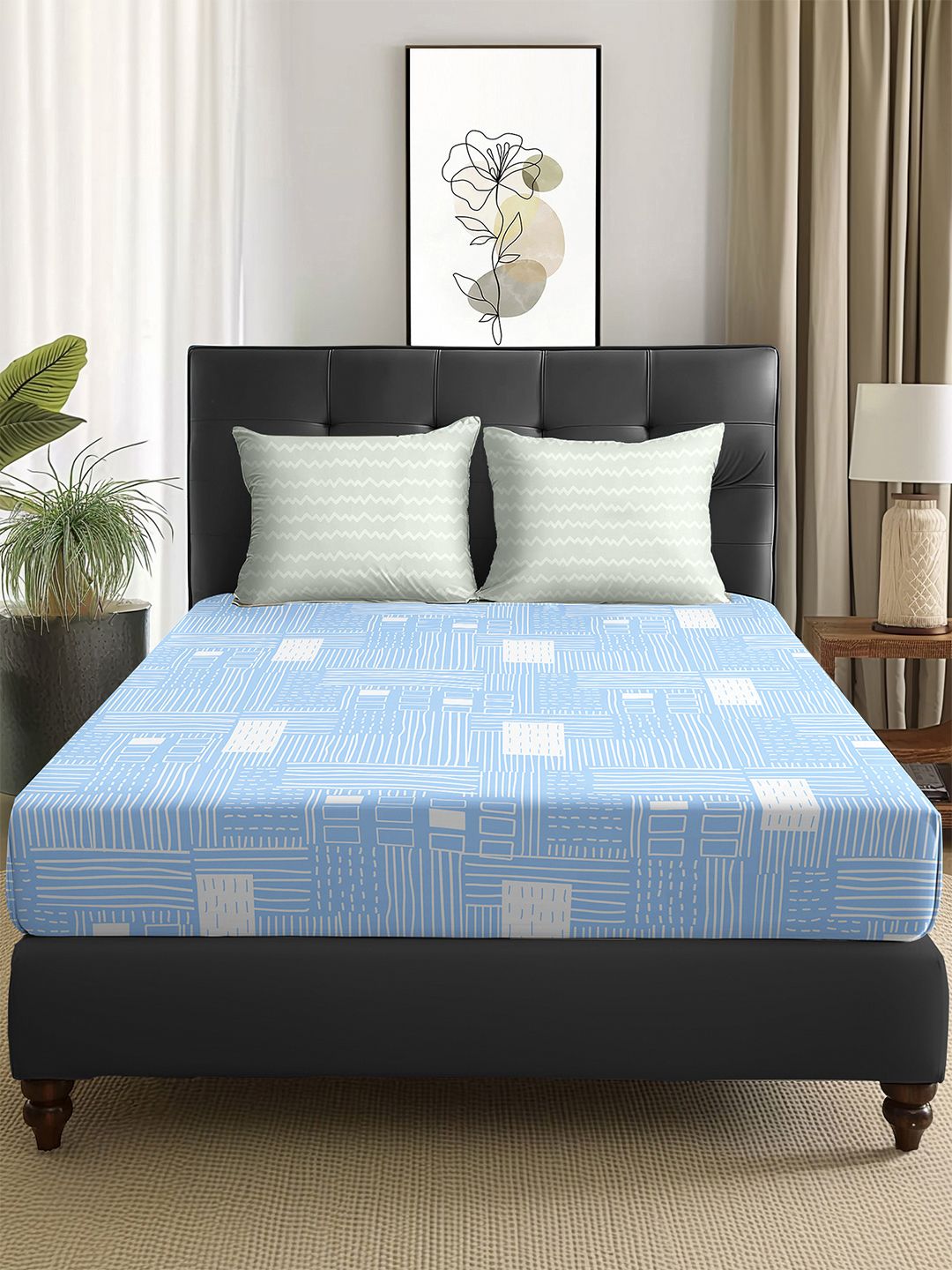 Story@home Arena White & Blue Geometric Microfiber 180 TC Queen Bedsheet & 2 Pillow Covers