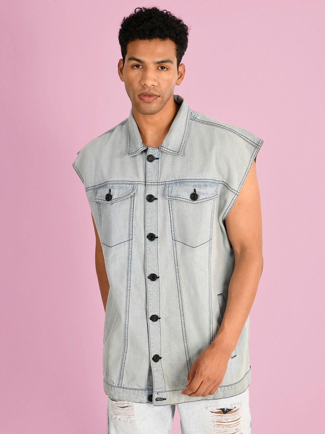 Bene Kleed Men Solid Spread Collar Washed Pure Cotton Denim Jacket