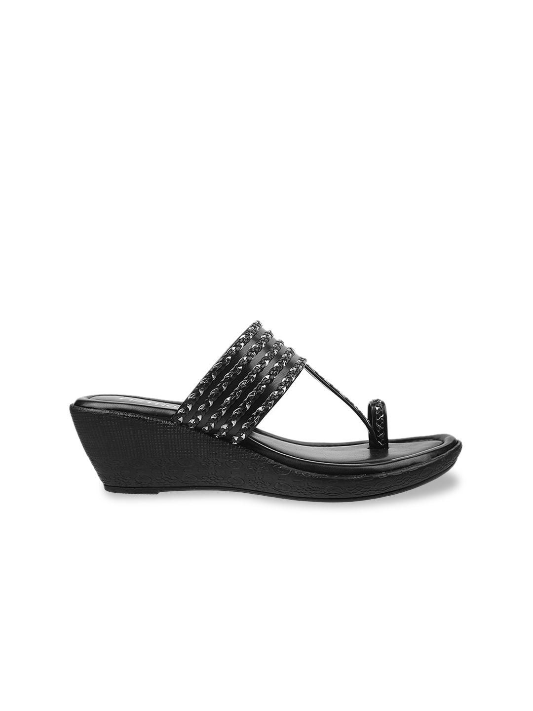 Metro Women Black Embellished Open Toe Wedges
