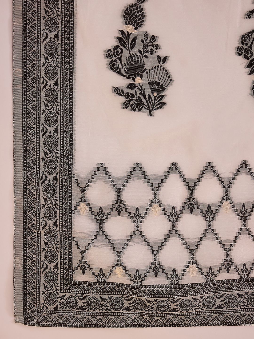 Indo Era White Floral Printed V-Neck Straight Kurta with Trousers & Dupatta