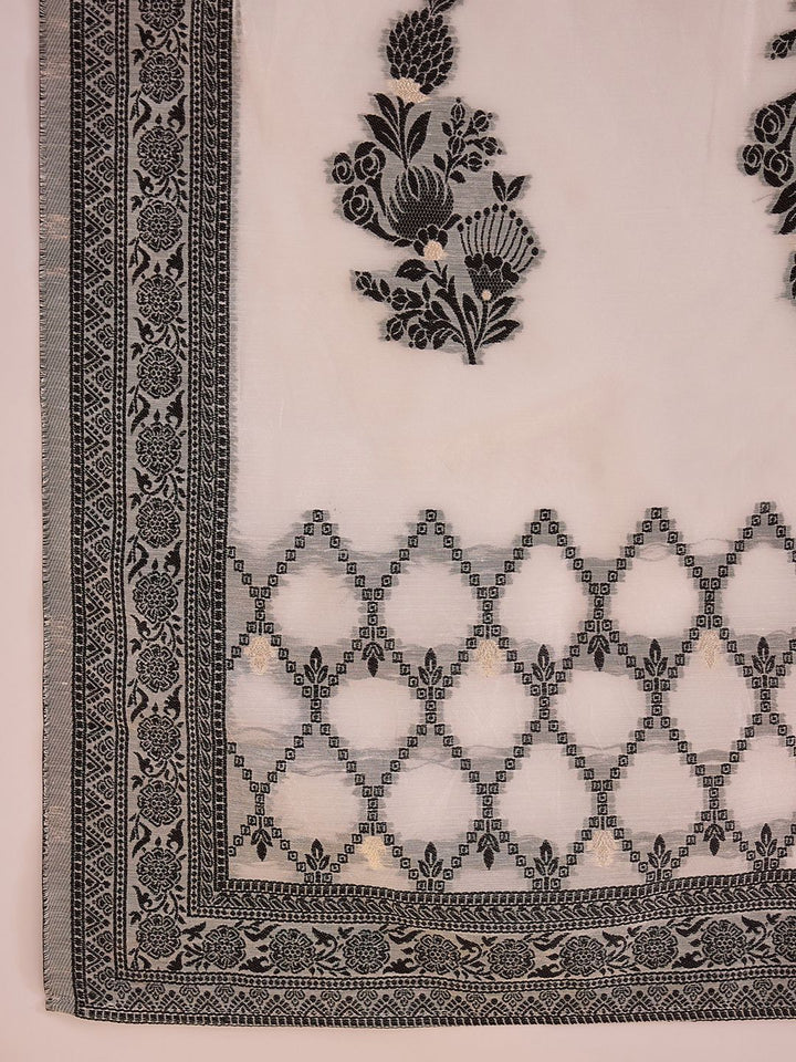 Indo Era White Floral Printed V-Neck Straight Kurta with Trousers & Dupatta