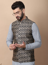 Anouk Grey Floral Embroidered Thread Work Pure Cotton Kurta with Churidar & Nehru Jacket