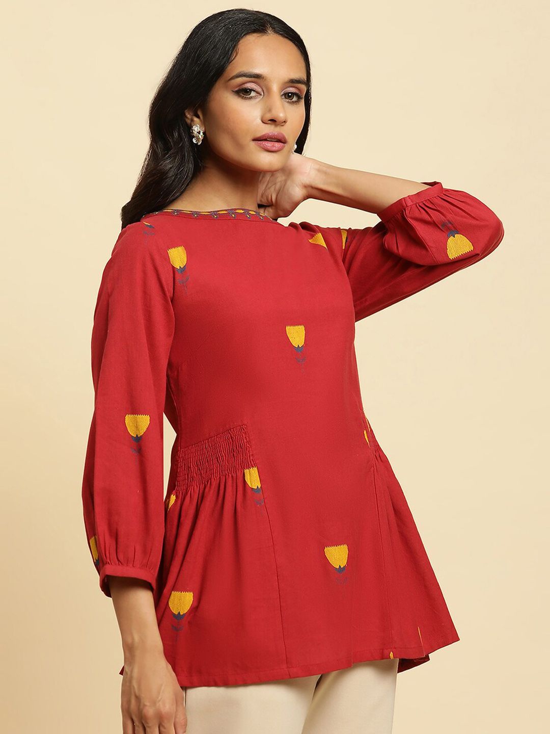 W Red Floral Printed Puffed Sleeves Smocking Pure Cotton Peplum Top