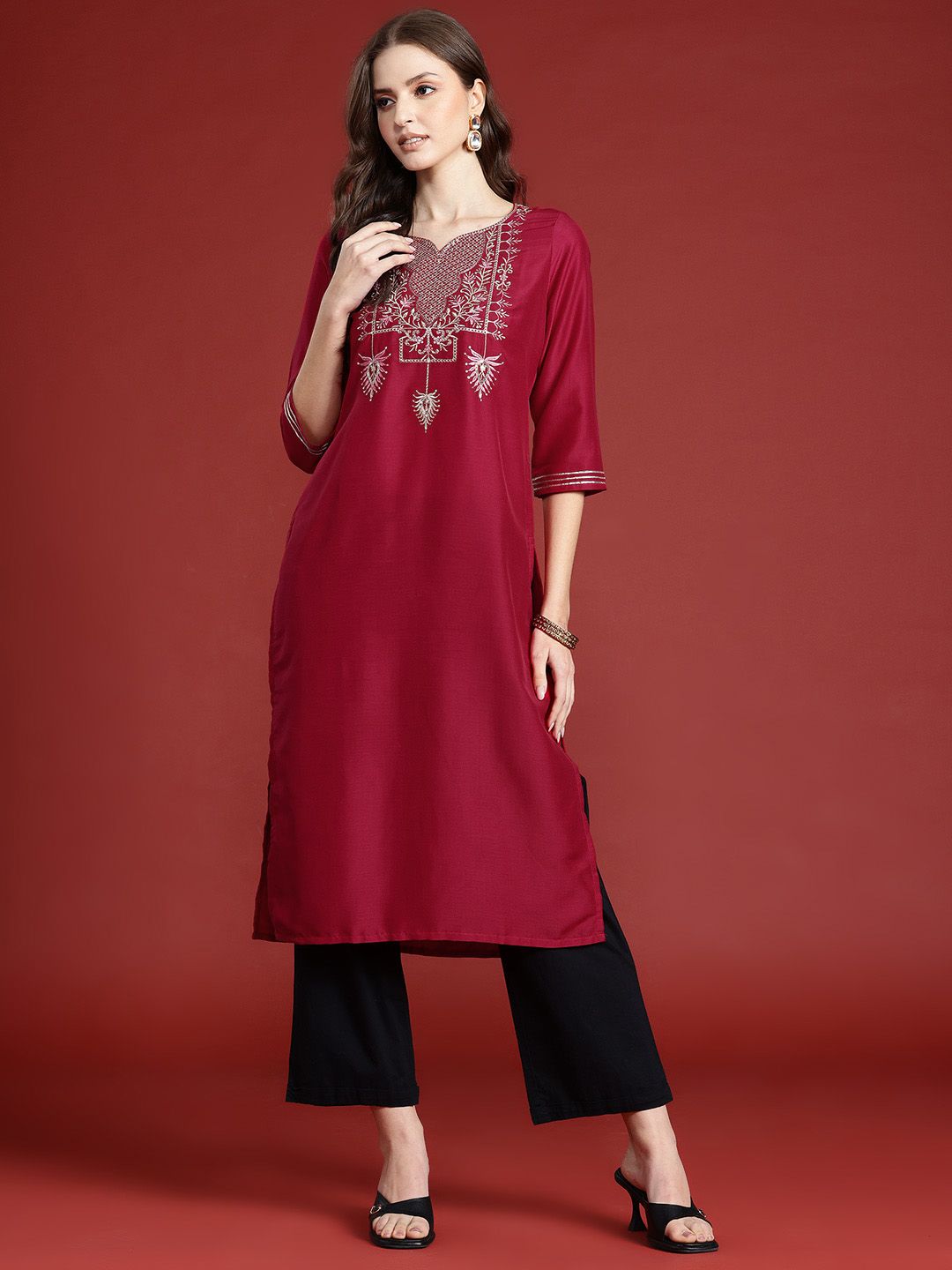 Anouk Ethnic Motifs Yoke Design Mukaish Kurta