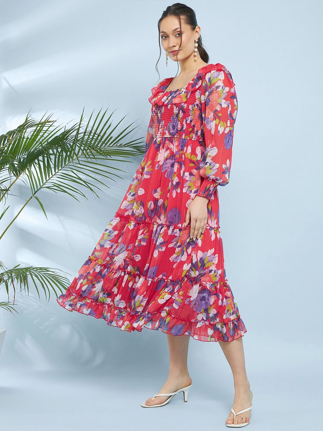 Antheaa Floral Printed Puff Sleeve Chiffon A-Line Midi Dress