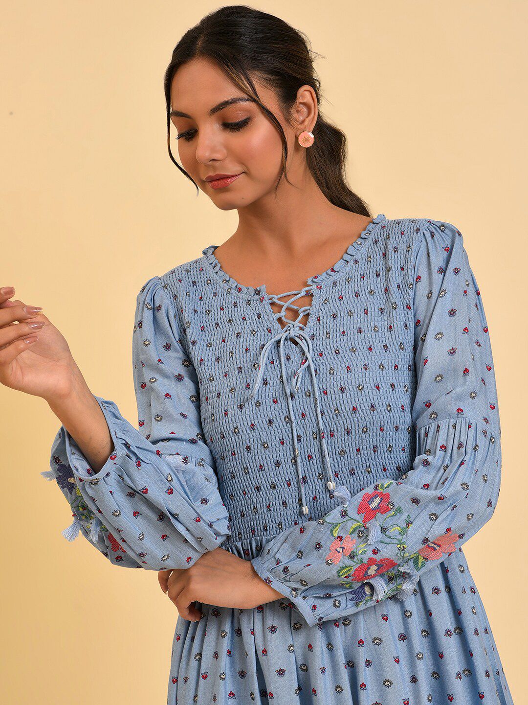 W Blue Floral Printed Smocked Maxi Dress