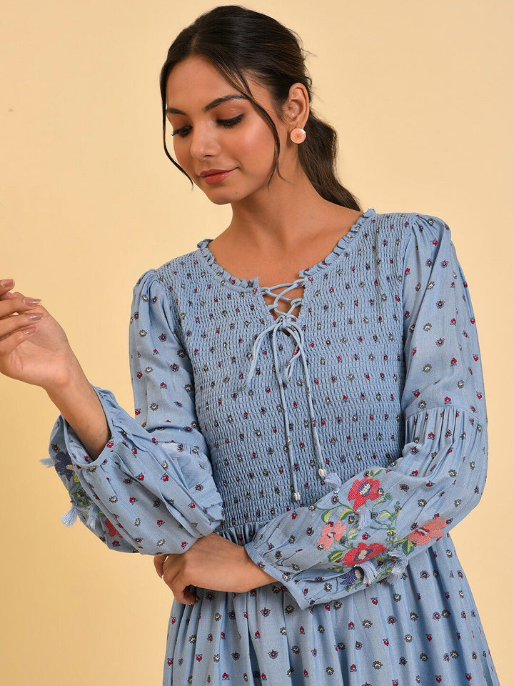 W Blue Floral Printed Smocked Maxi Dress