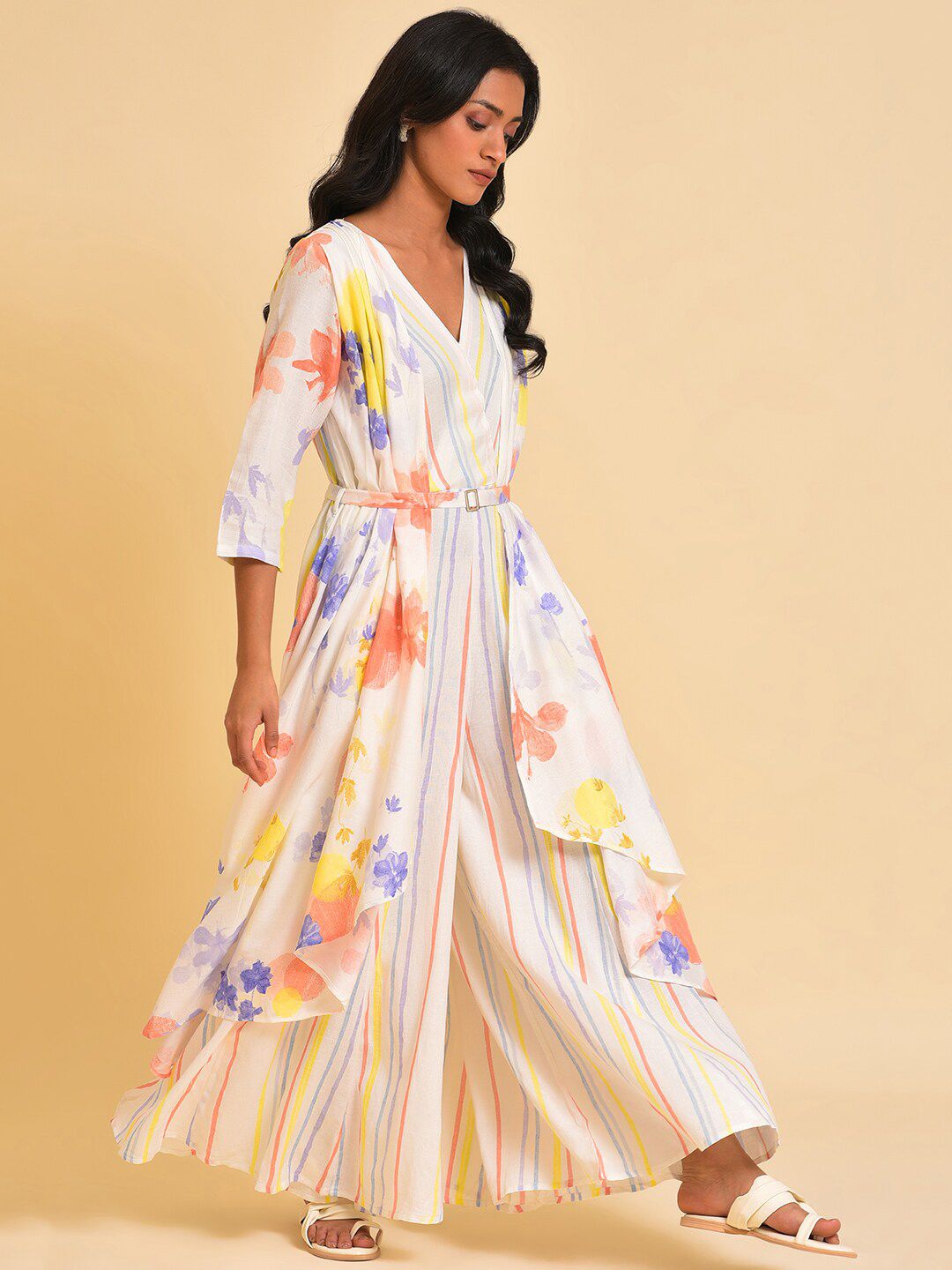 W White & Peach-Coloured Floral Printed Pleated Belted Culotte Jumpsuit