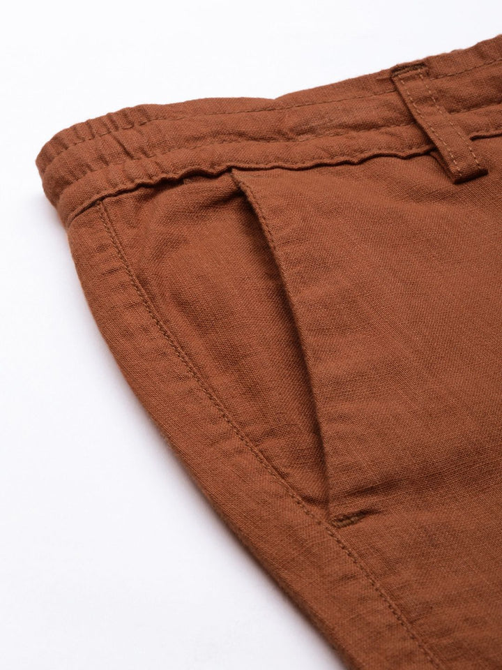 The Indian Garage Co Men Brown Slim Fit Linen Blend Trousers