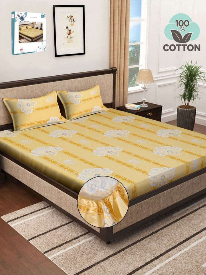 Myntra Elegant Homes Yellow Floral Pure Cotton 400 TC Fitted King Superfine Bedsheet dengan 2 Sarung Bantal-98 x 89 inci