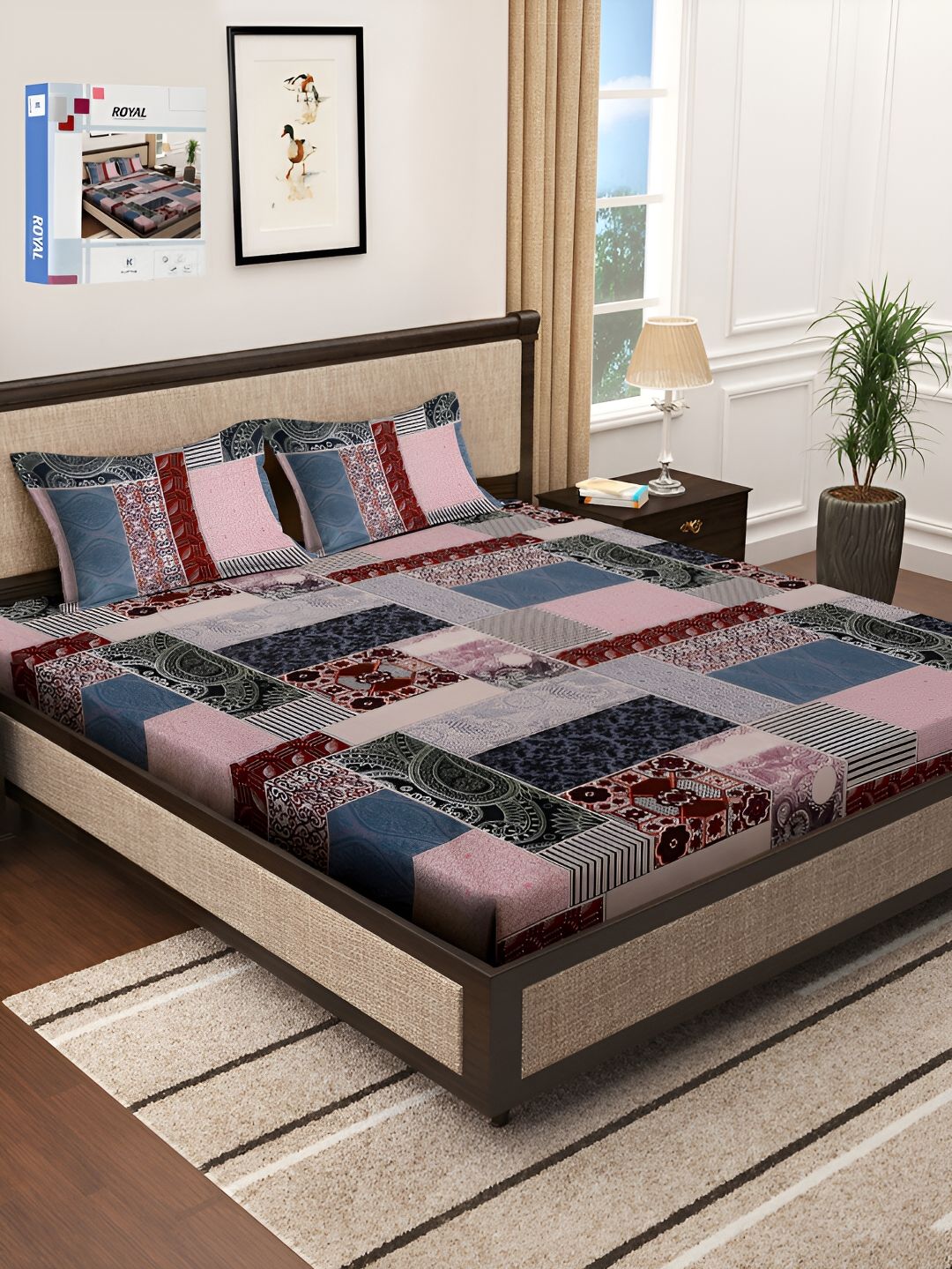 KLOTTHE Maroon & Pink Etnik Motif 300 TC Cadar King Double Dengan 2 Sarung Bantal