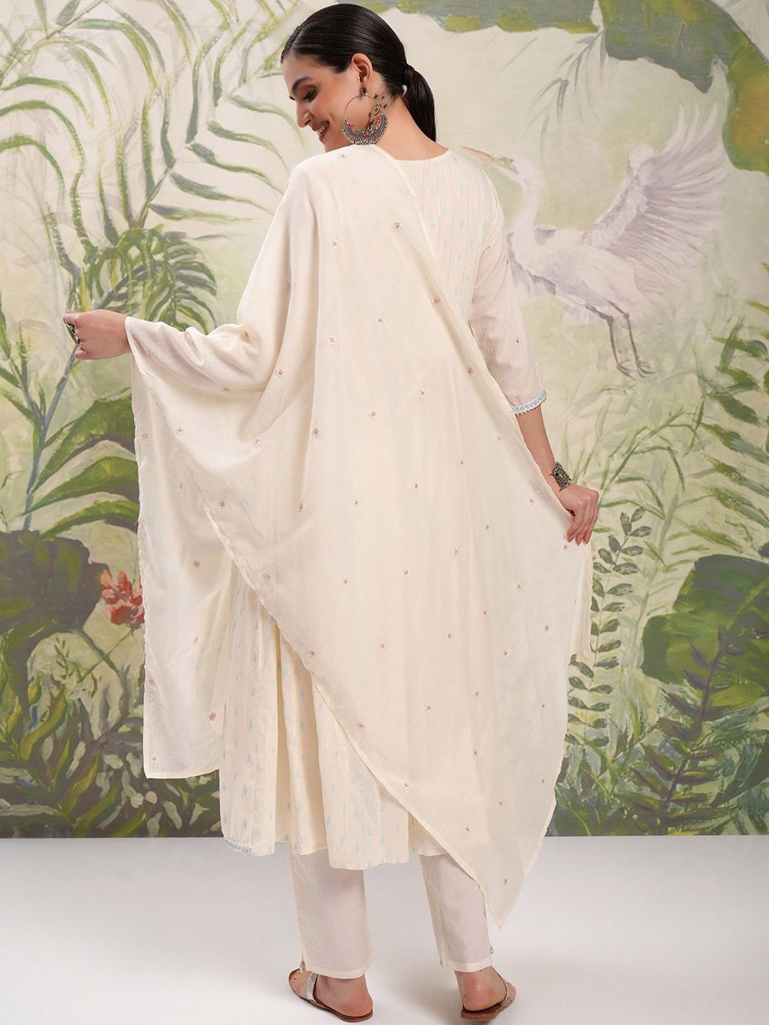 Vishudh Cream Coloured Embroidered Pure Cotton Anarkali Kurta With Trousers & Dupatta