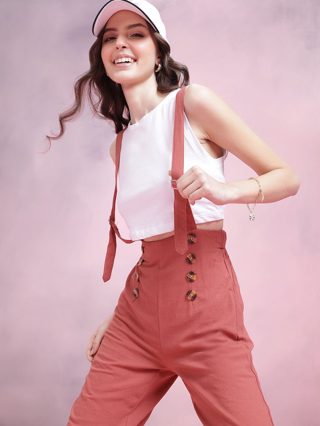 DressBerry Women High-Rise Mock Buttons Cropped Trousers with Gallus