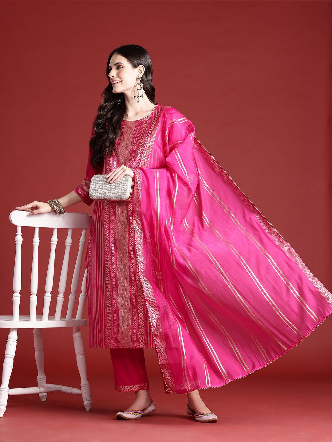 Anouk Tyohaar Collection Printed Panelled Kurta with Palazzos & Dupatta