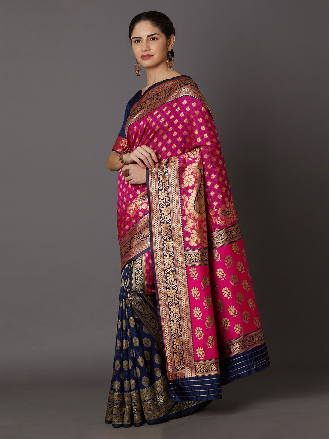 Mitera Pink & Navy Blue Silk Blend Woven Design Kanjeevaram Saree
