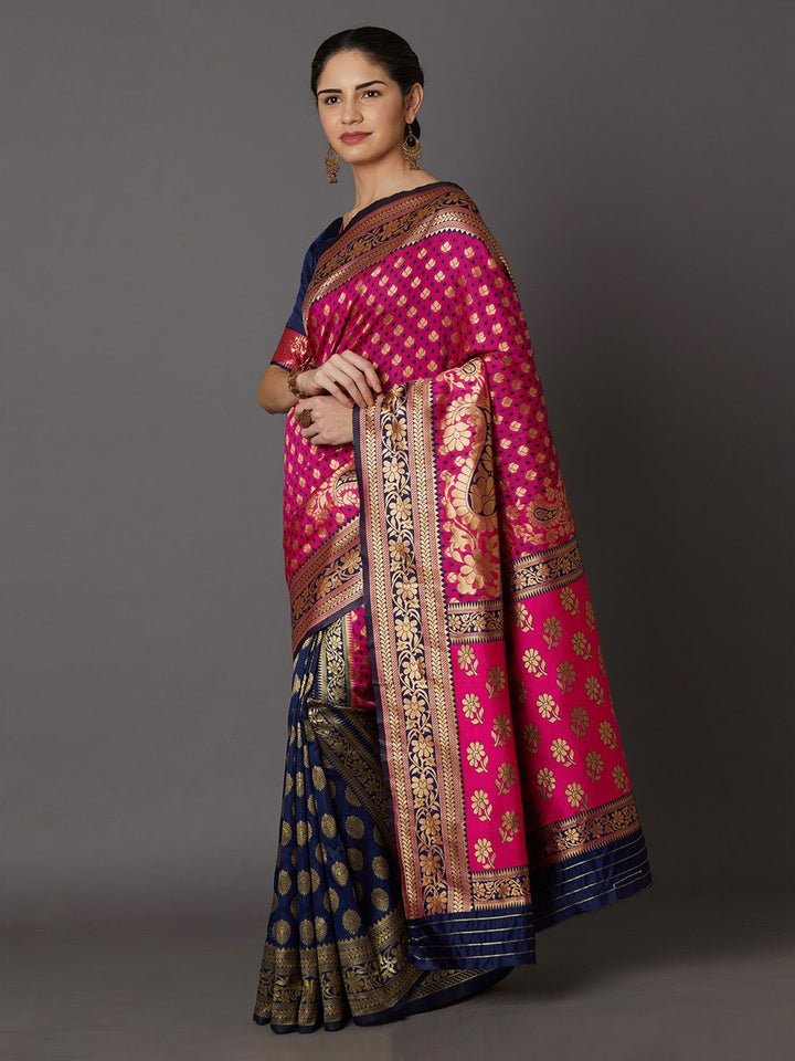 Mitera Pink & Navy Blue Silk Blend Woven Design Kanjeevaram Saree