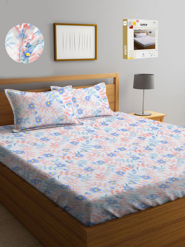 KLOTTHE Multicoloured Floral 300 TC King Size Fitted Bedsheet with 2 Pillow Covers