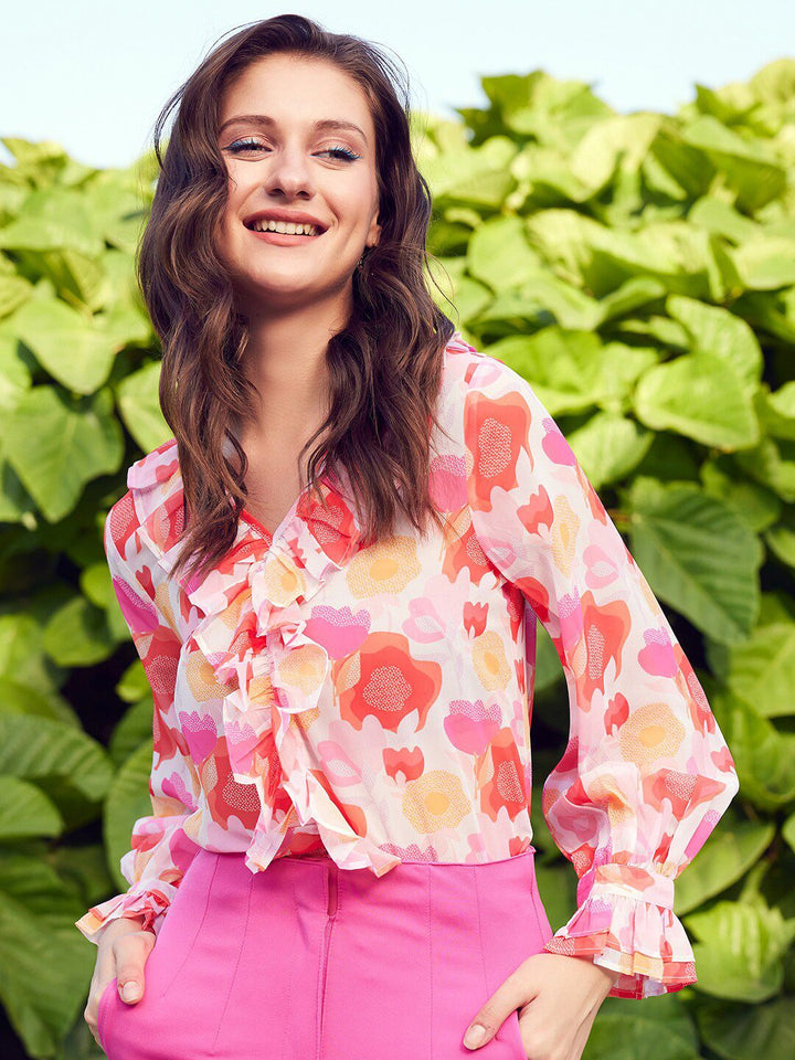 STREET 9 Pink Abstract Printed V-Neck Ruffles Top
