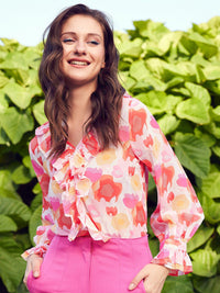 STREET 9 Pink Abstract Printed V-Neck Ruffles Top
