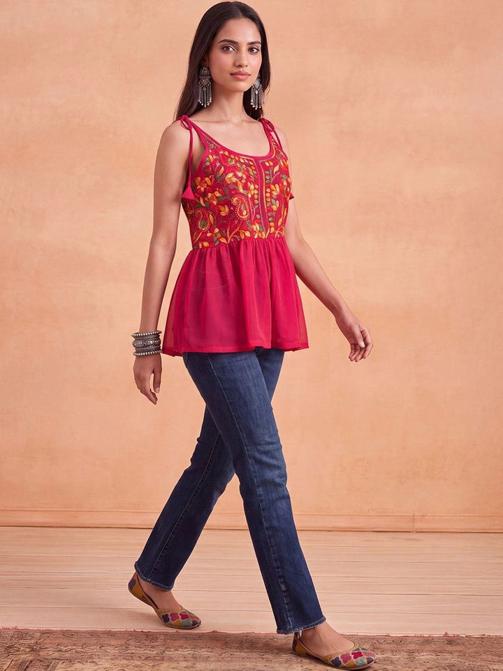 Rumah Wanita Chikankari Motif Etnik Sulaman Benang Kerja Bunga Indie Georgette Kurta