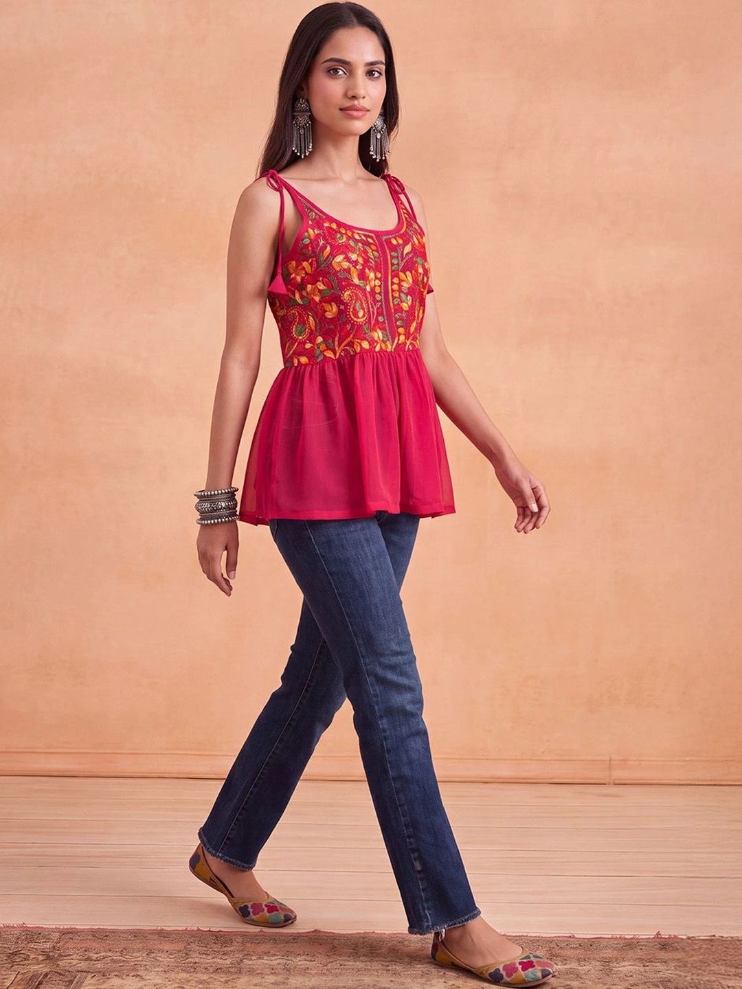 Rumah Wanita Chikankari Motif Etnik Sulaman Benang Kerja Bunga Indie Georgette Kurta