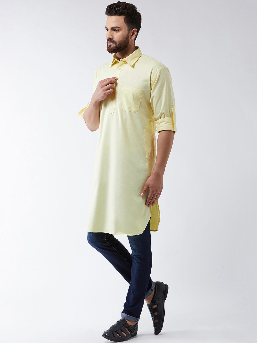 SOJANYA Lelaki Yellow Solid Pathani Kurta