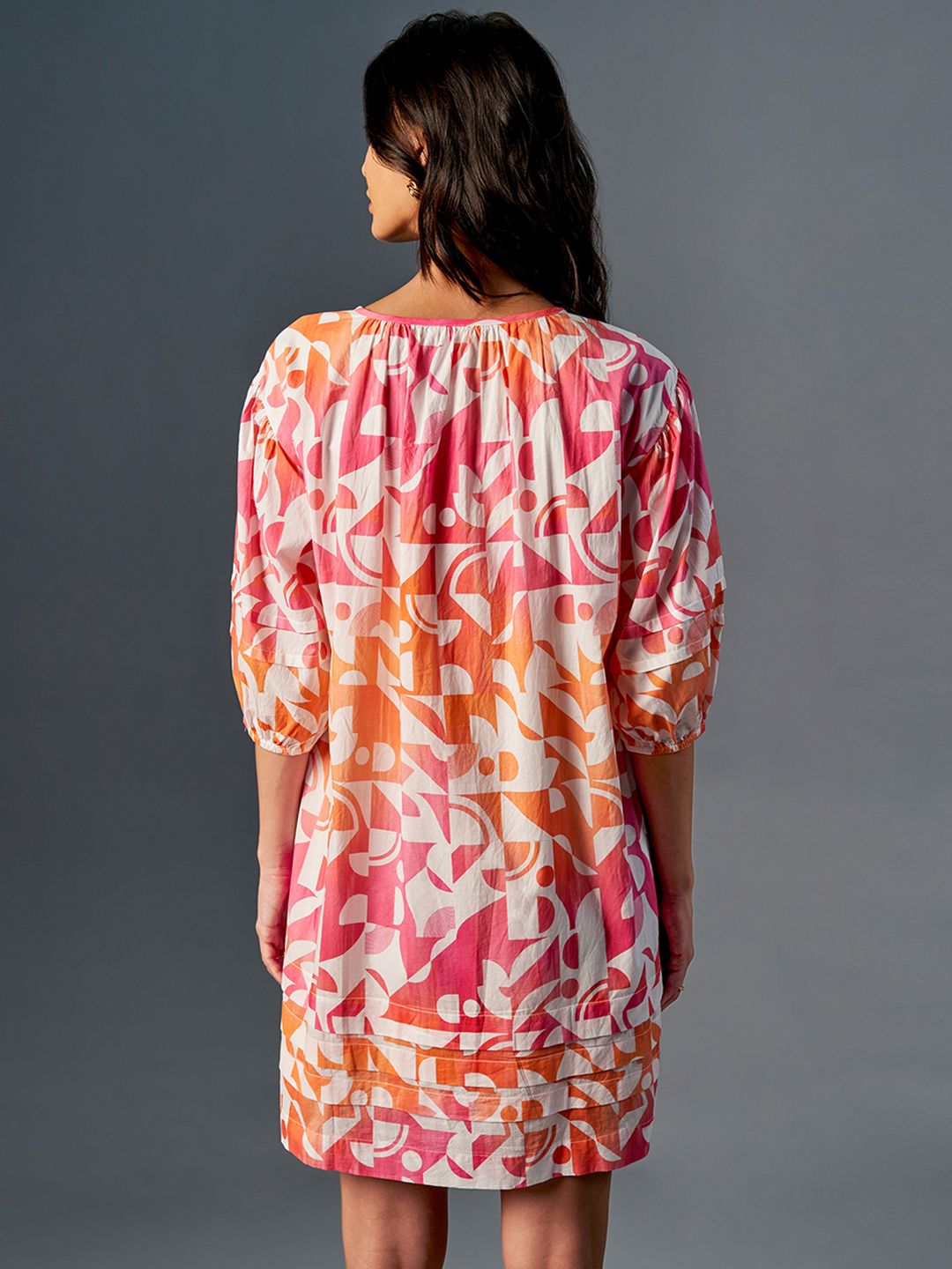 AND Round Neck Abstract Print Puff Sleeve Fit & Flare Midi Dress