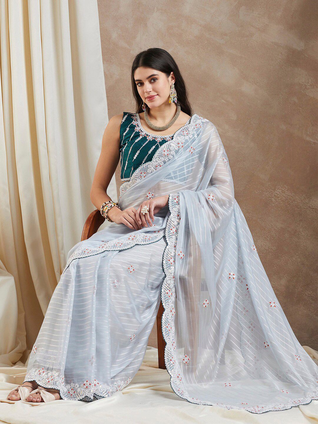 Saree mall Grey Floral Embroidered Beads and Stones Poly Georgette Saree