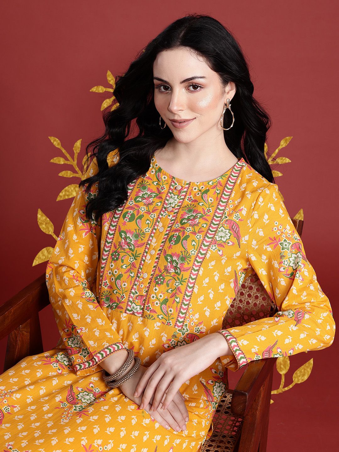Anouk Women Indie Floral Print Regular Pure Cotton Kurta with Trousers
