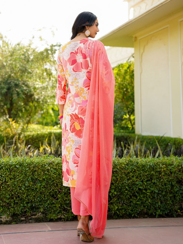 KALINI Floral Printed Regular Cotton Blend Kurta with Trousers With Dupatta