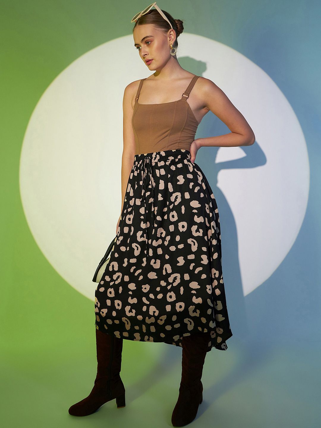 Berrylush Black Animal Printed A-Line Midi Skirt
