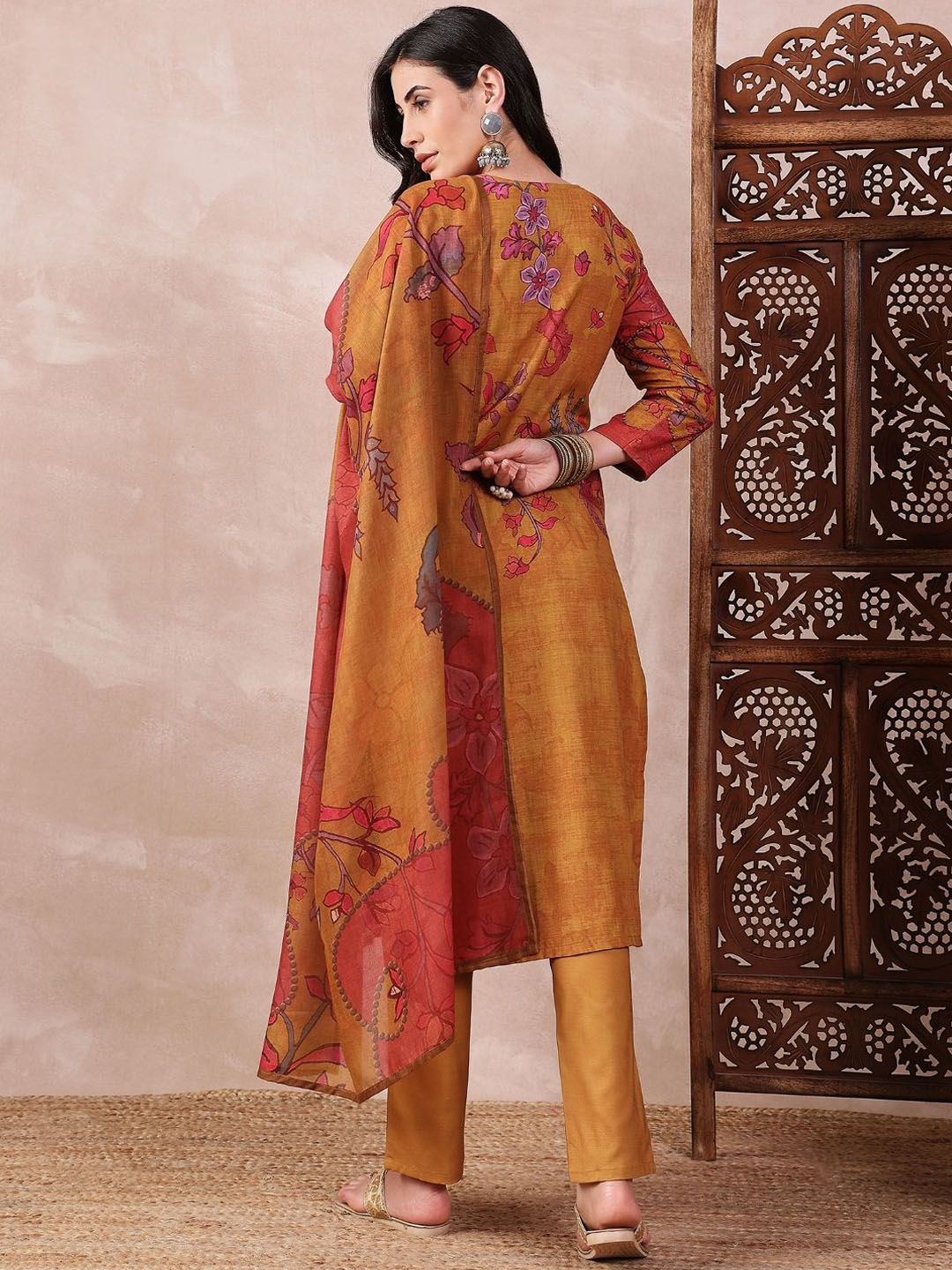 KALINI Floral Printed Mirror Work Straight Kurta with Trouser And Dupatta