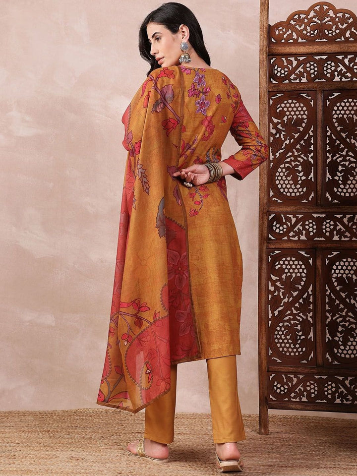 KALINI Floral Printed Mirror Work Straight Kurta with Trouser And Dupatta