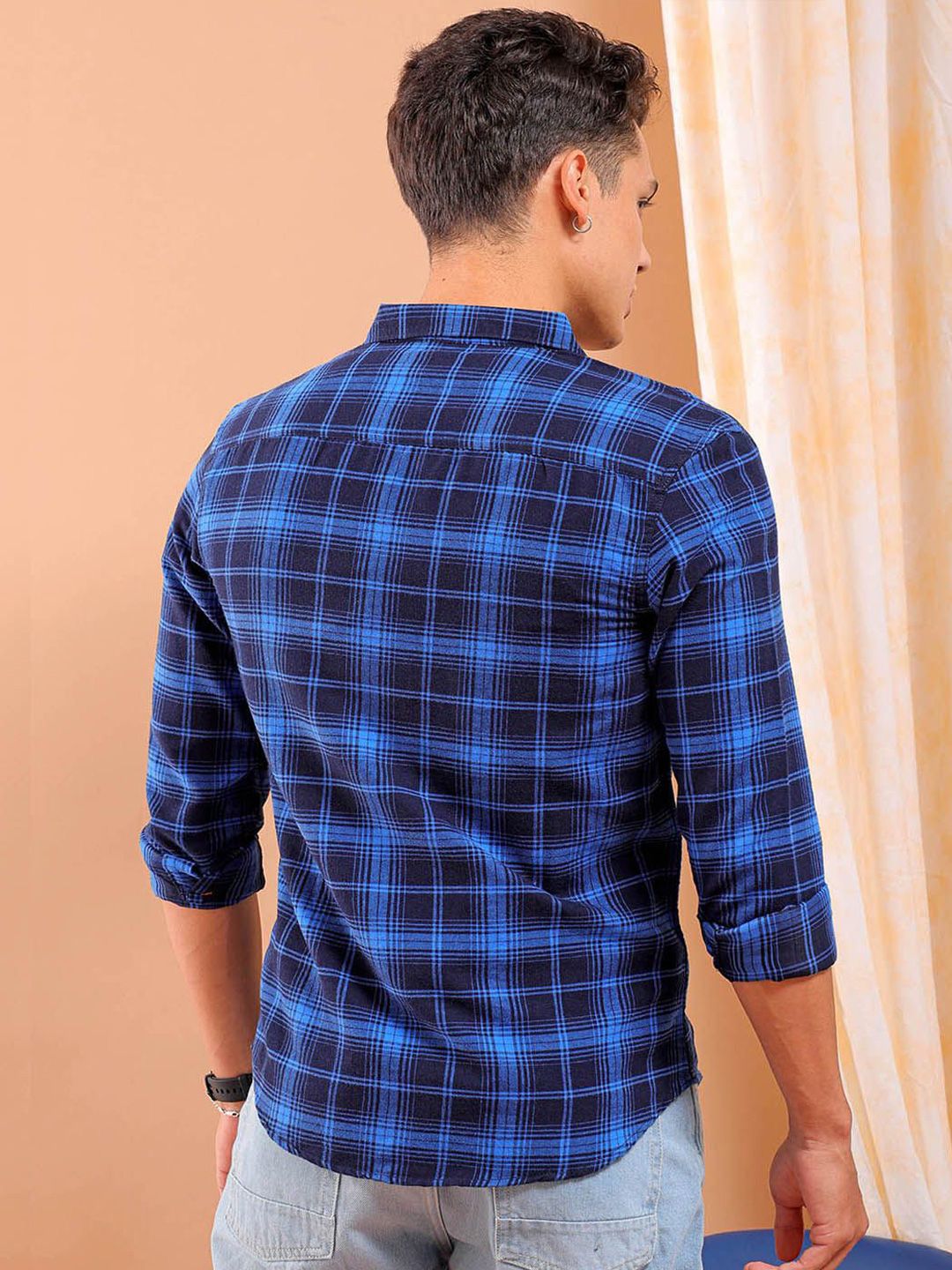 The Indian Garage Co Slim Fit Tartan Checked Cutaway Collar Twill Weave Pure Cotton Shirt