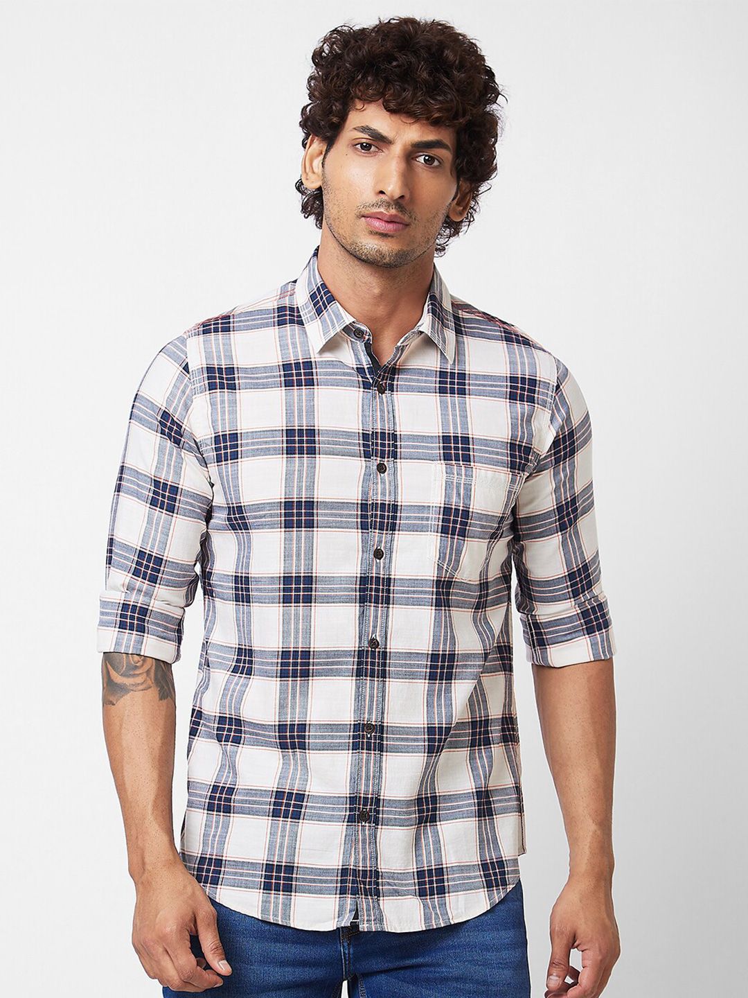 SPYKAR Tartan Checked Spread Collar Cotton Casual Shirt