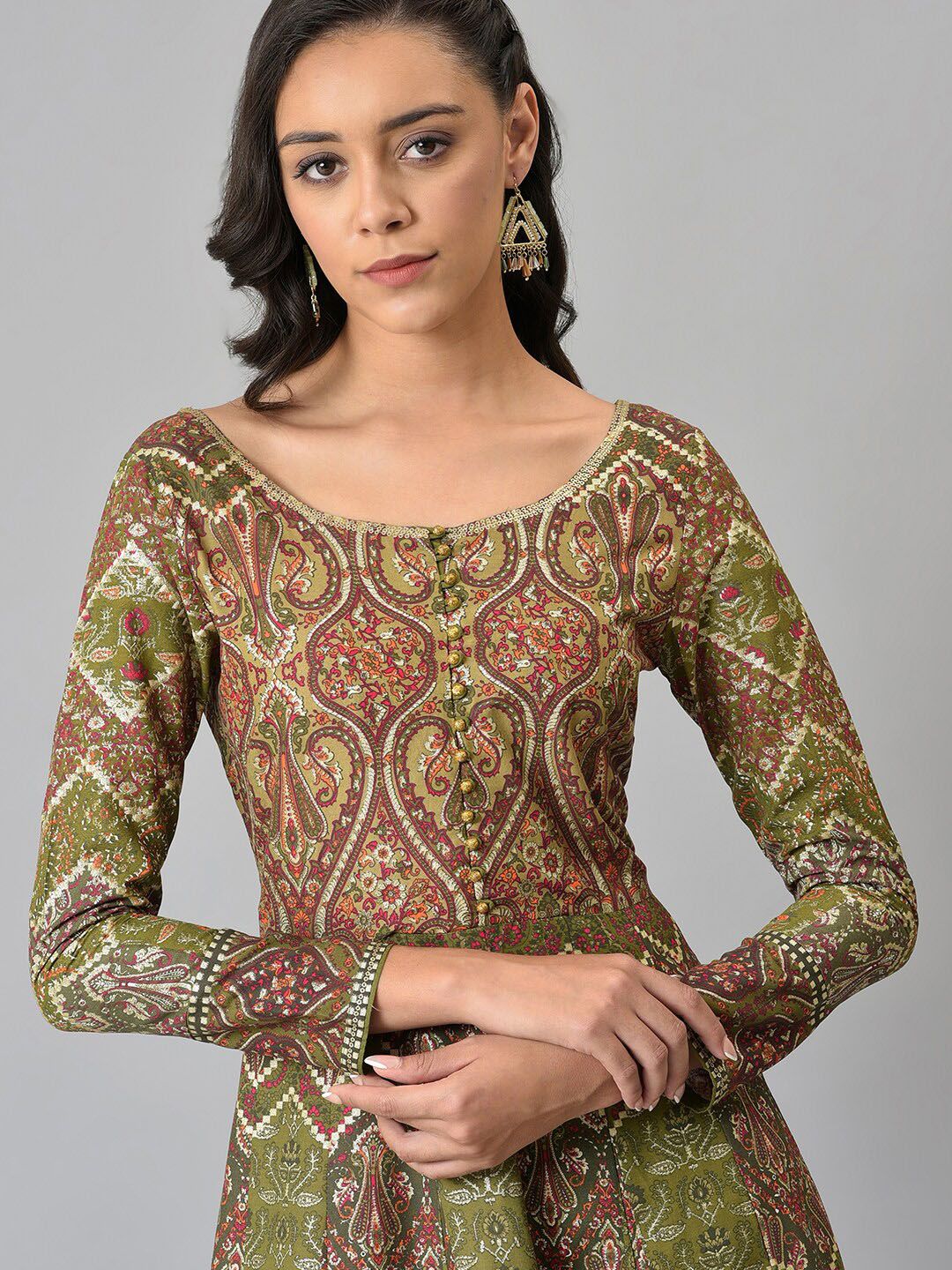 W Red & Green Ethnic Motifs Chiffon Ethnic Maxi Dress