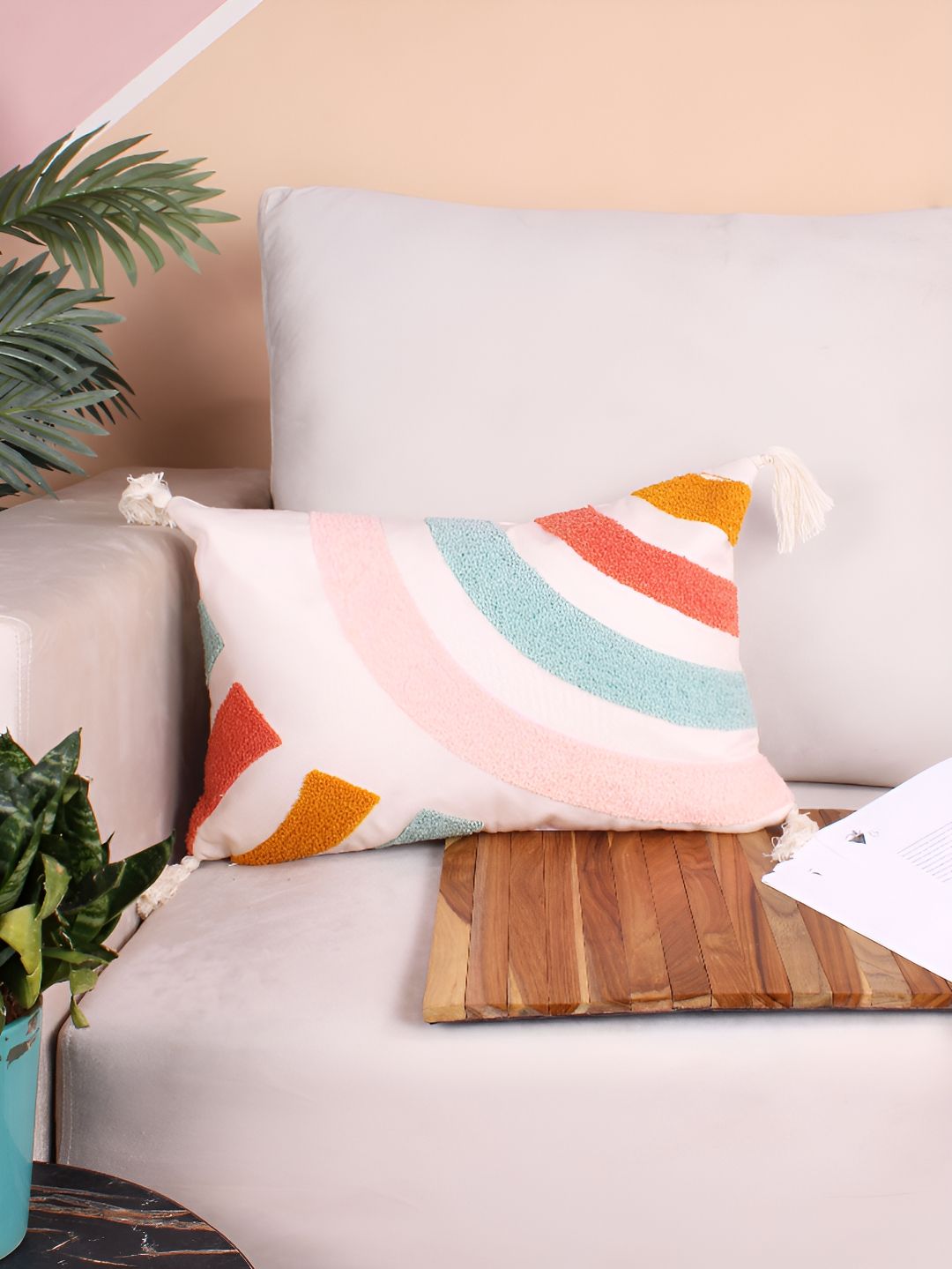 STITCHNEST White & Red Embroidered Rectangle Cushion Covers